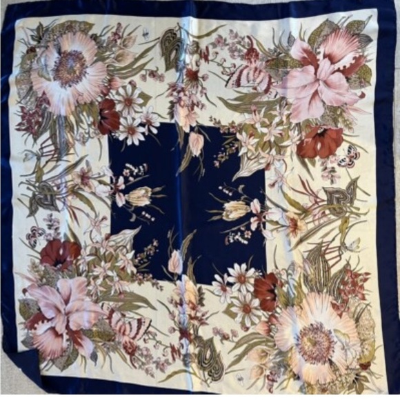 Vintage Accessories - vintage '90s large 💯 silk square navy pink floral butterfly print scarf